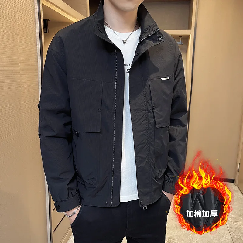 Осенне-зимняя мужская стеганая куртка с воротником-стойкой и несколькими карманами, трендовая ветрозащитная плотная теплая куртка-пуховик