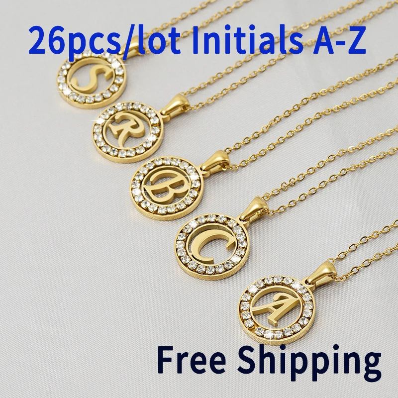 Fashion 18K Gold Plated Stainless Steel 26 Initial Round  Diamond Letters Hollow Pendant Wholesale