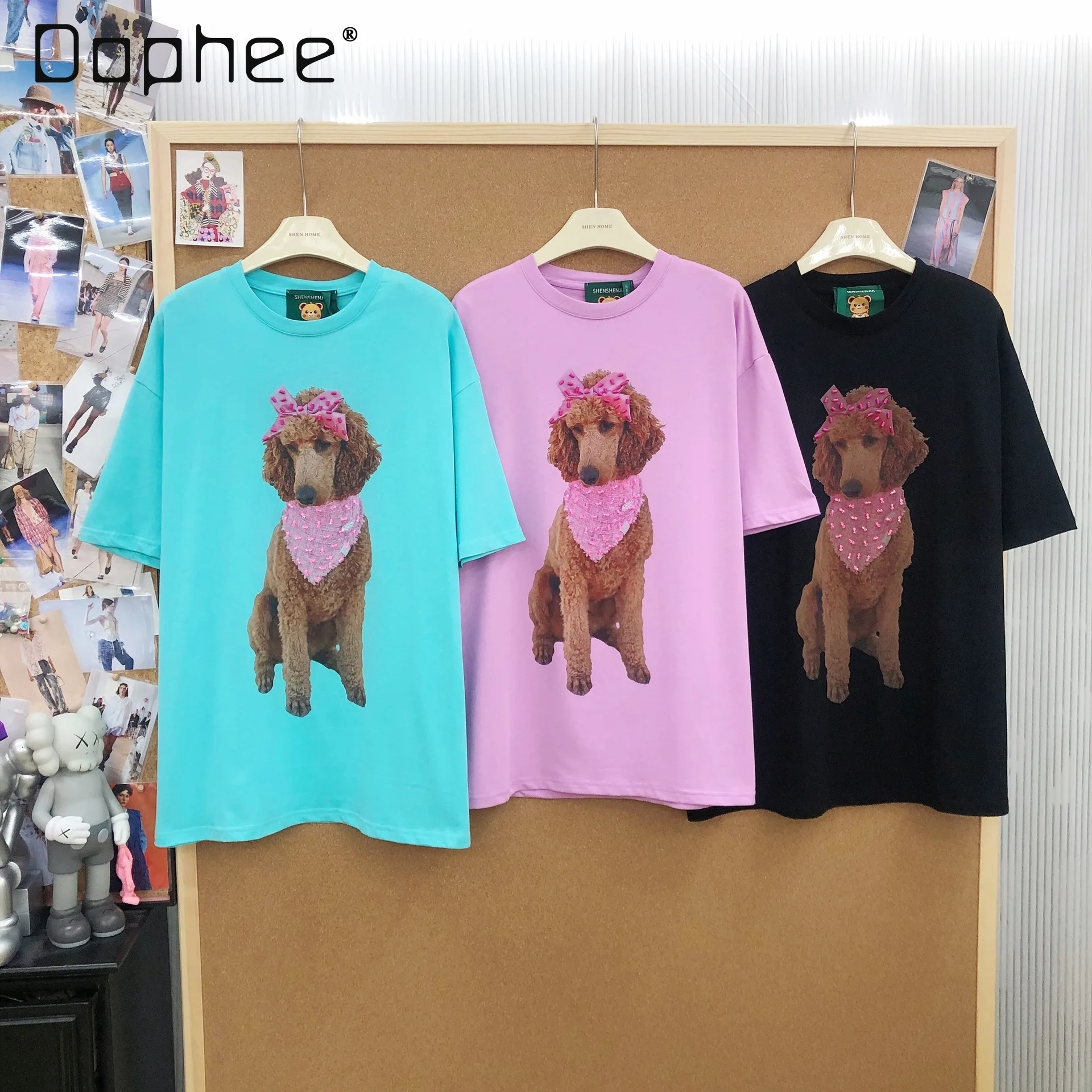 

Fashion Brand Loose Puppy Beaded Printed Round Neck Pullover Cotton Oversize Short Sleeve T-Shirt Trendy Y2k Top Women