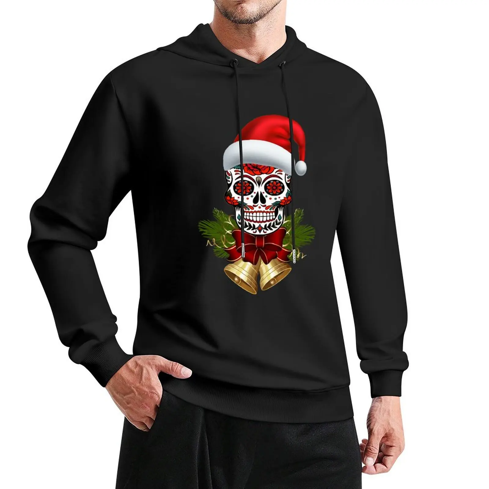 

Christmas Santa Hat Day Of The Dead Sugar Skull Pullover Hoodie korean autumn clothes men wear men hoodie