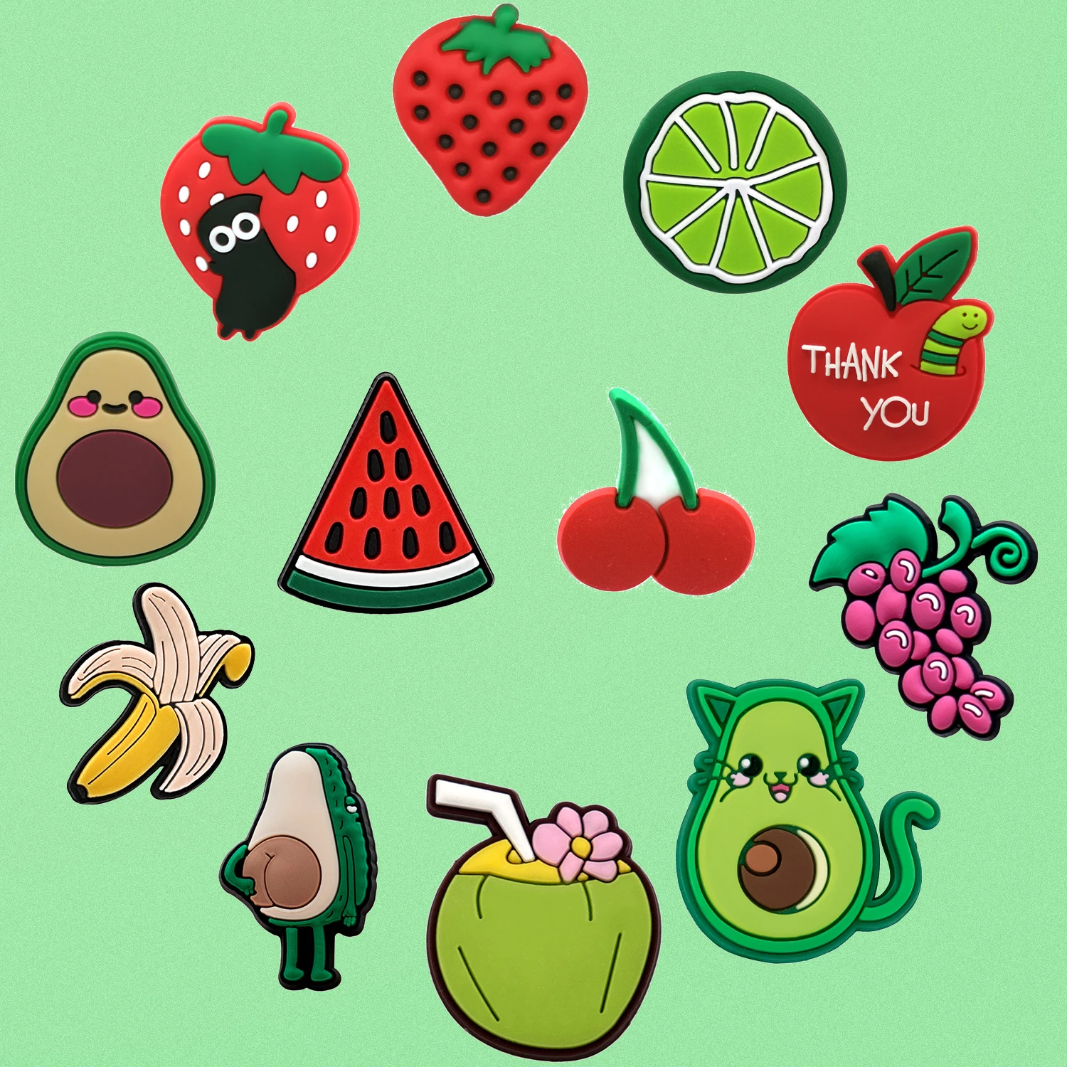 

1/12/120pcs Cute Fruit Shoe Accessories Charms Grape Avocado Coconut Shoe Decoration for Sandals Fits All Clogs Pin Jeans