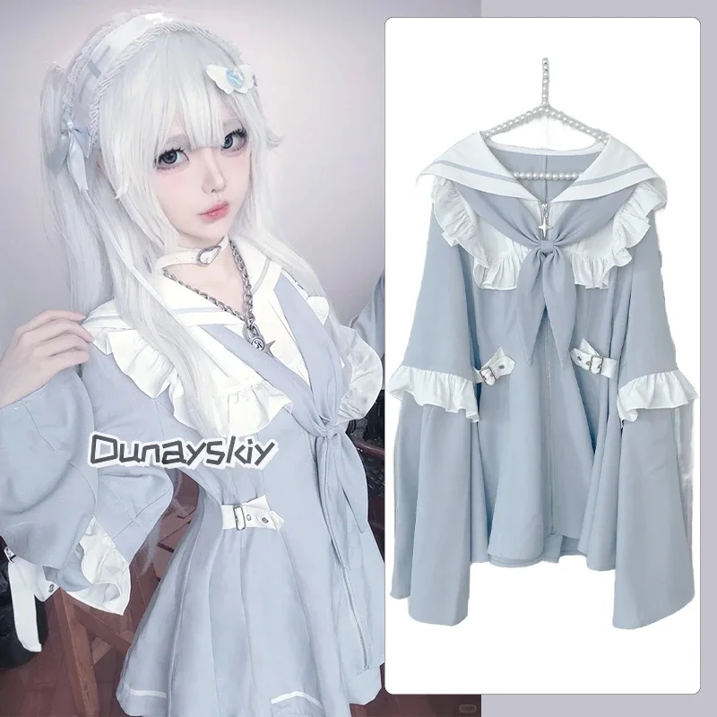 코스프레 일본 마이네 로리타 반바지 세트 Y2k 코스프레 JK 유니폼 슈트 리본 레이스 러플 슬림핏 스티칭 소매 드레스 애니메이션 코스 D