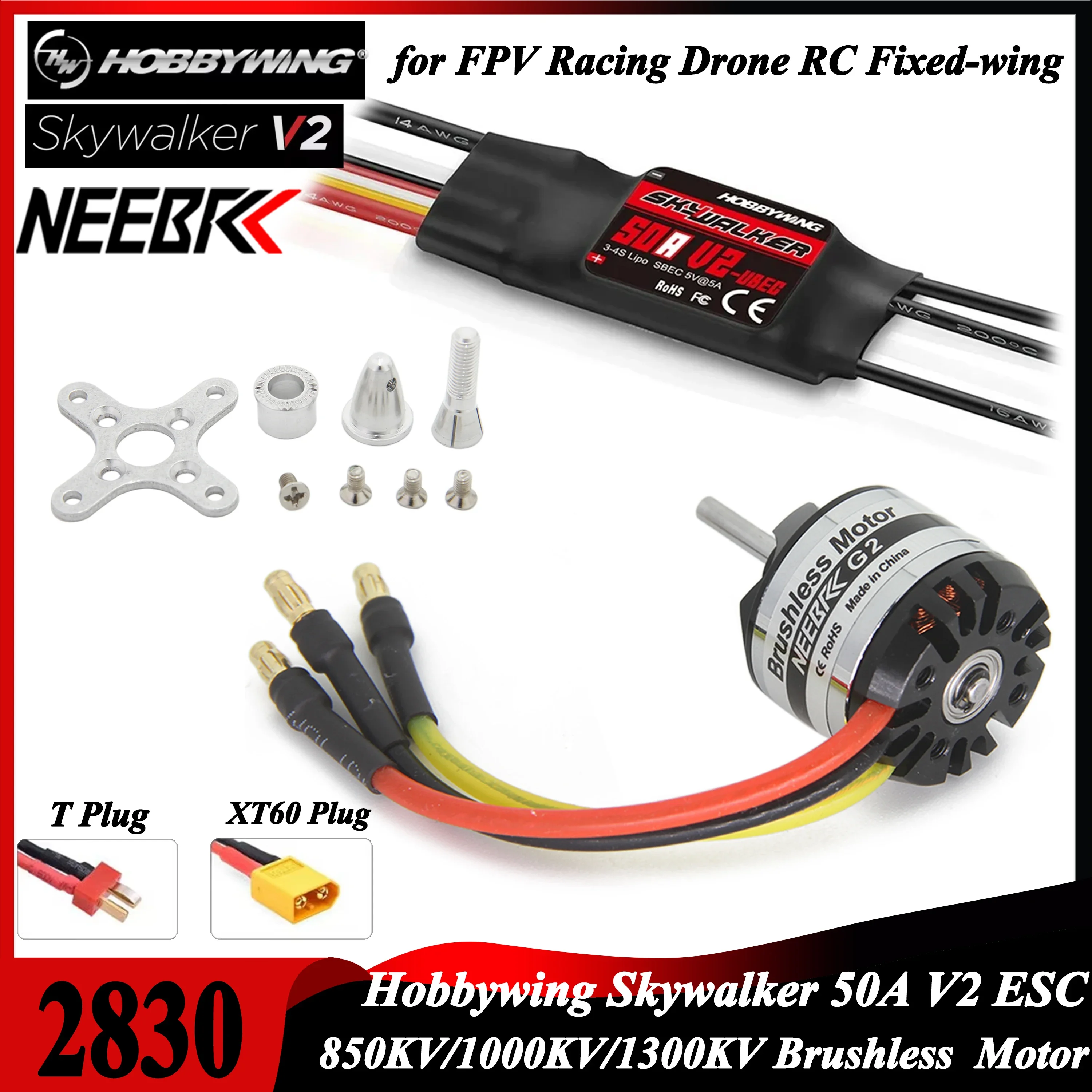 NEEBRC 2830 850KV 1000KV 1300KV Brushless Motor and Hobbywing 50A V2 T/XT60 Plug ESC for RC Fixed-wing FPV Racing Drone Plane