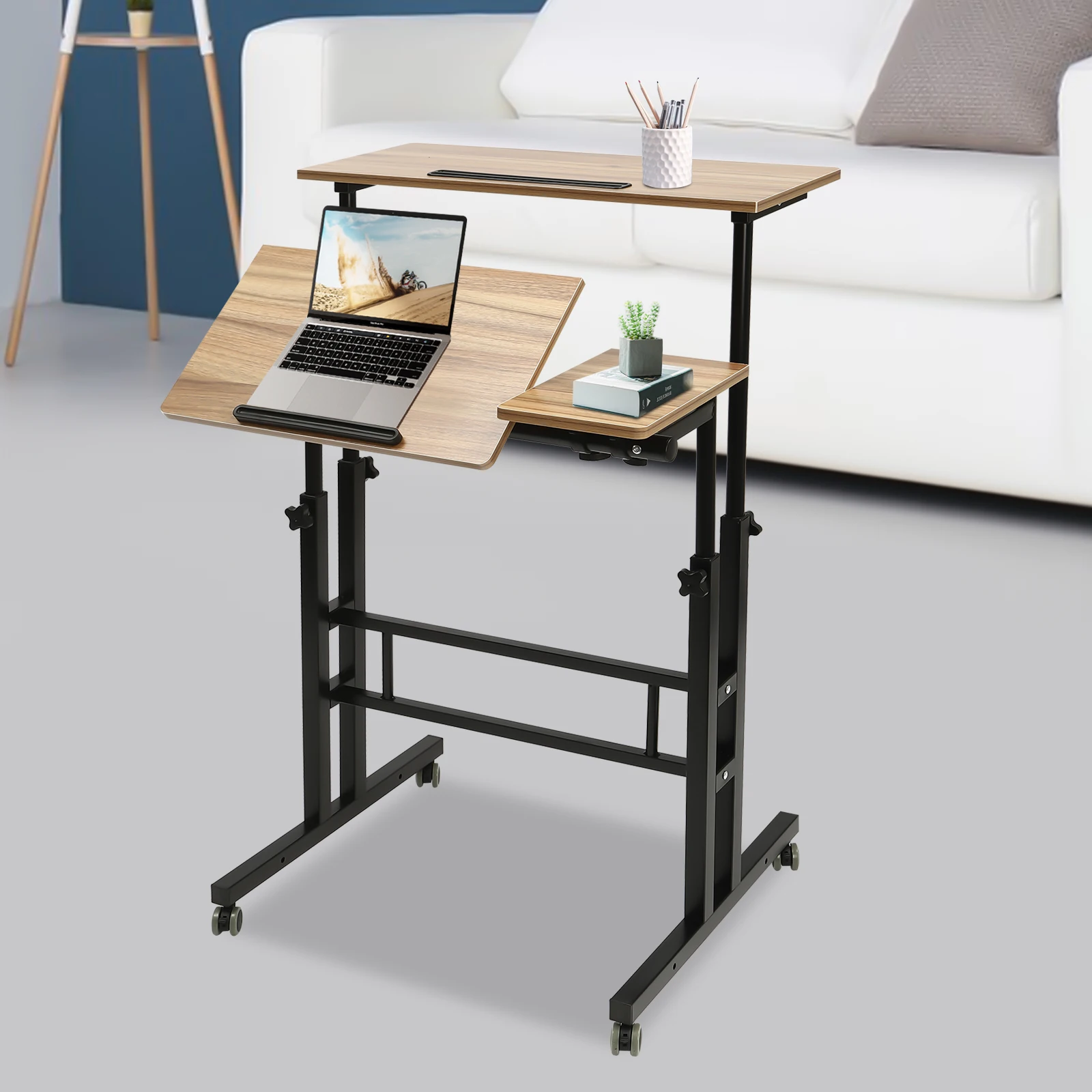 

Mobile Standing Desk Stand Up Desk, Height Adjustable Home Office Desk with Standing & Seating 2 Modes, Tilting Tabletop