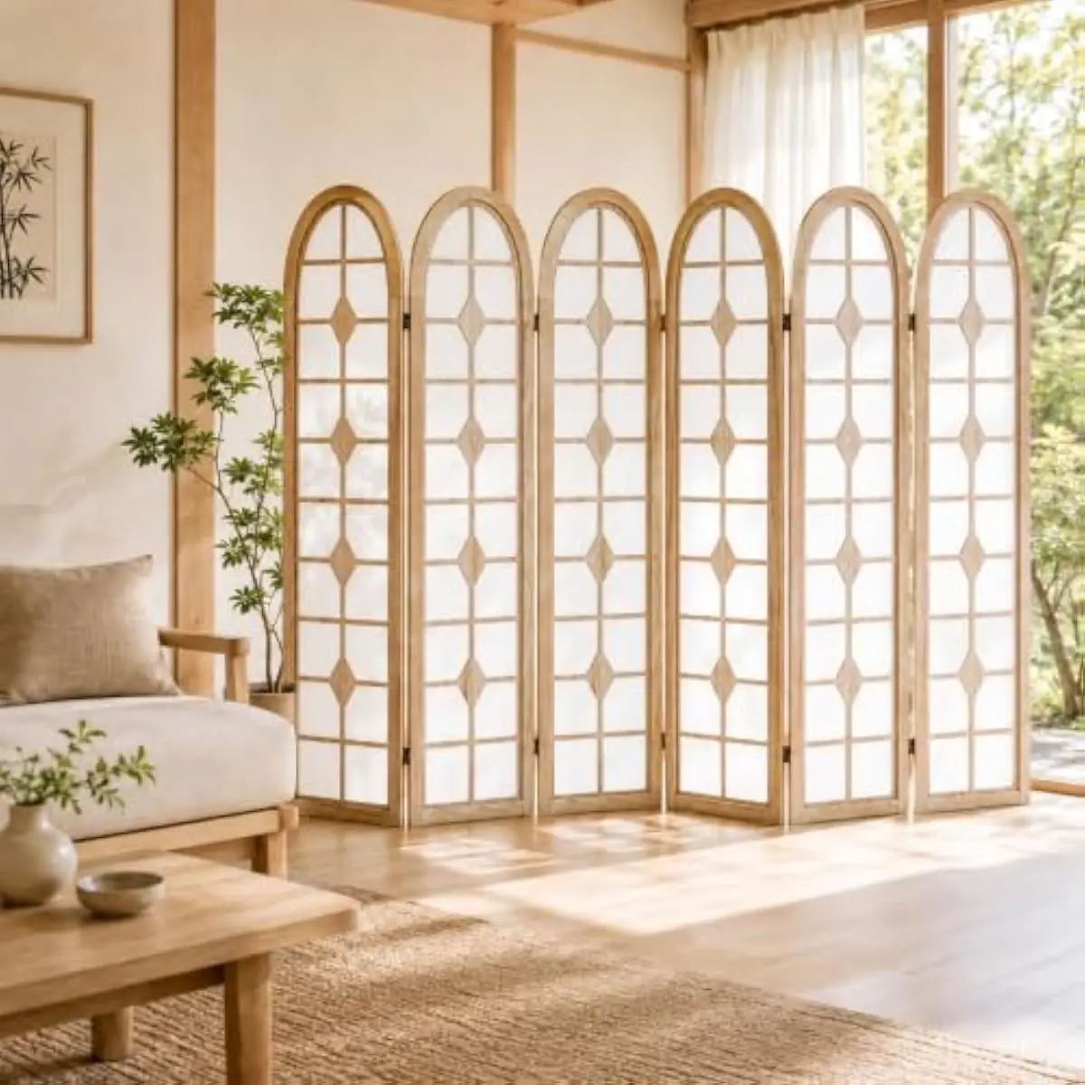 6 Panel Shoji Room Divider with Wood Frame, Folding Privacy Screen Freestanding Partition for Bedroom Home Office Restaurant Decor
