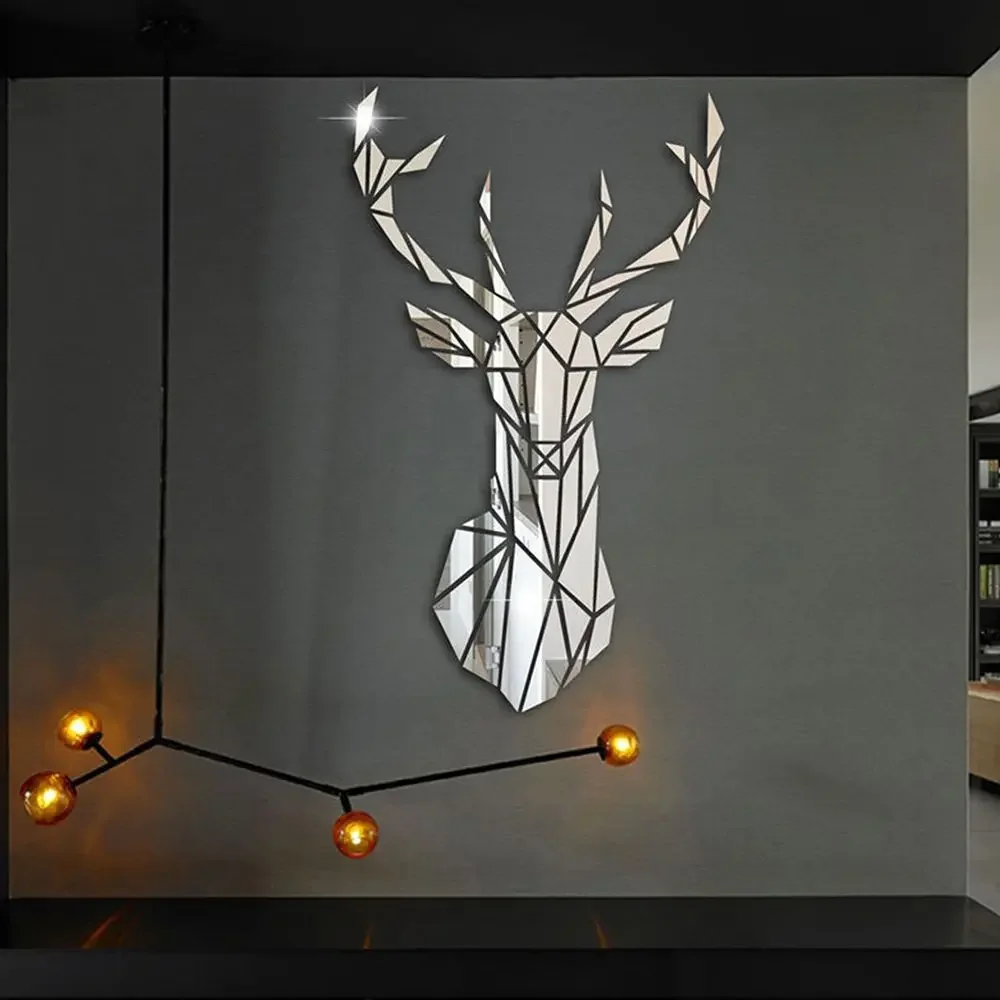 Multiple Sizes 3D Deer Head Stickers Mirror Surface Decals DIY Self-adhesive Wall Art Mirror Stickers Home Decoration Mural Gift