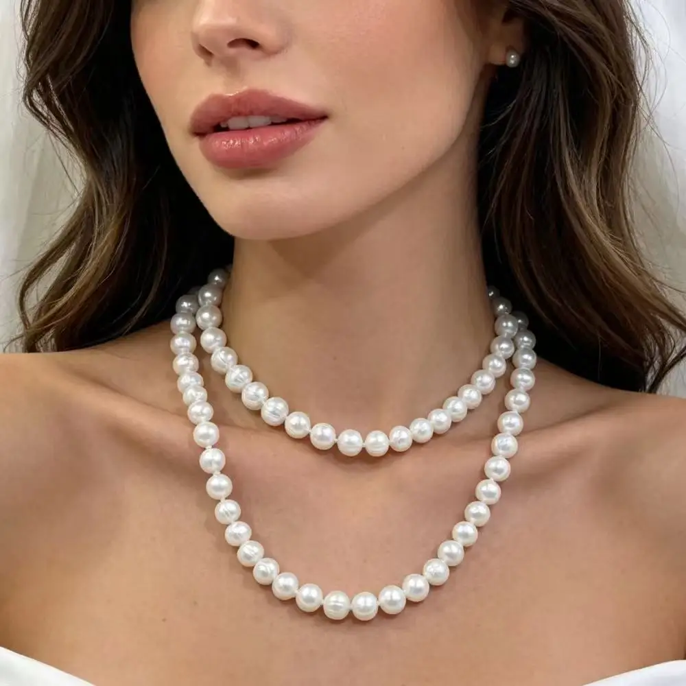

45inch 2-Layer Elegant Girl Party Wedding Dress Jewelry Real Natural Freshwater White Round Pearl Long Sweater Layers Necklace