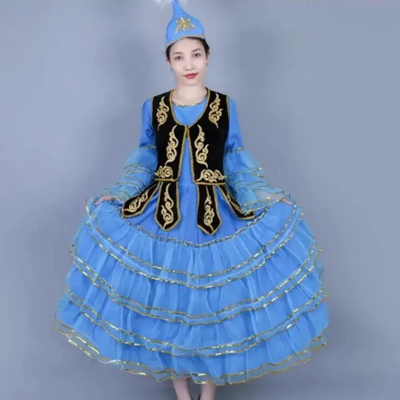 Vestido de Danza Uyghur de Xinjiang, China, para Mujer, Traje Folclórico Kazajo para Actuación en Escenario, Incluye Sombrero