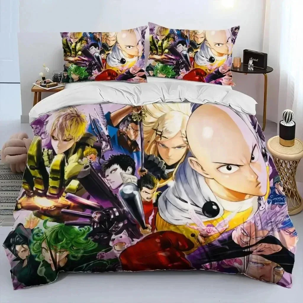 Juego de cama de Anime One-Punch Man Saitama, funda nórdica, funda de edredón, funda de almohada, tamaño King Queen, tamaño doble, niños, niñas y adultos