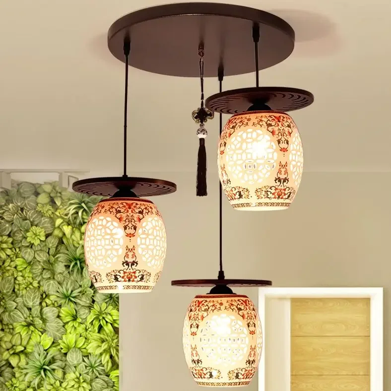 New Chinese Style Antique Ceramic Pendant Light - Three-Head Design for Study & Dining Room