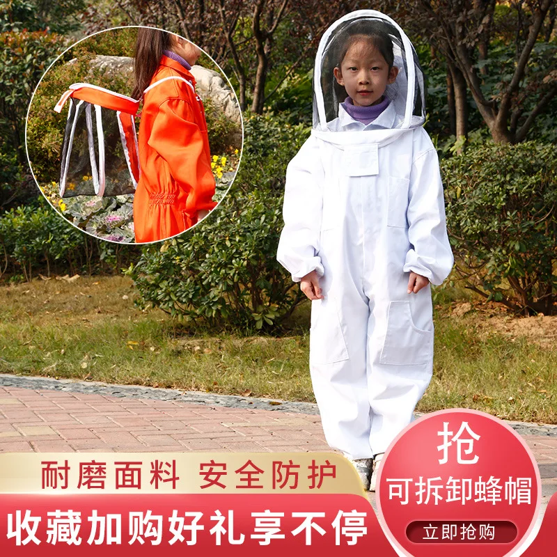 Children's One-Piece Space Suit, Pure Cotton, Anti Bee Hat, Protective Clothing, White, Orange, Orange