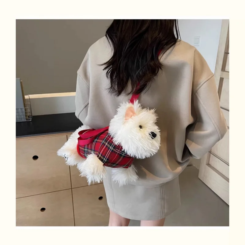 حقيبة كتف نسائية بتصميم إبداعي لكلب ويست هايلاند تيرير، حقيبة كروس بودي مع فرو صناعي، جيب خفيف الوزن بسحاب، مناسبة