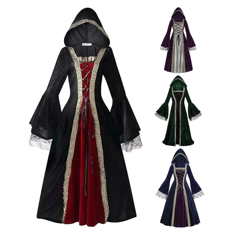 

Halloween Witch Dress Cosplay Costumes for Women Adult Medieval Hooded Cloak Vampire Dress Carnival Party Fancy Dress Plus Size