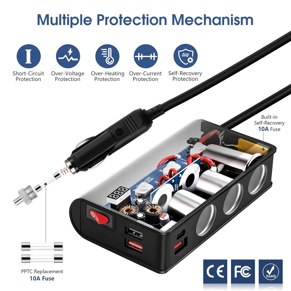 Enchufe USB para coche de 12V, enchufe para encendedor de cigarrillos de 180W, enchufe para cigarros automotriz, cargador de teléfono móvil tipo C para accesorios de coche