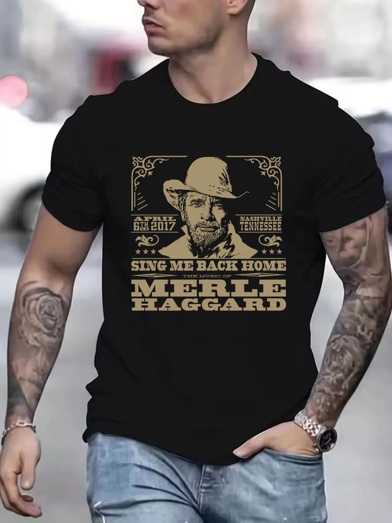 Camiseta de algodón para hombre Sing Me Back Home Merle Haggard Nashville 6 de abril de 2017 Camiseta gráfica de música country
