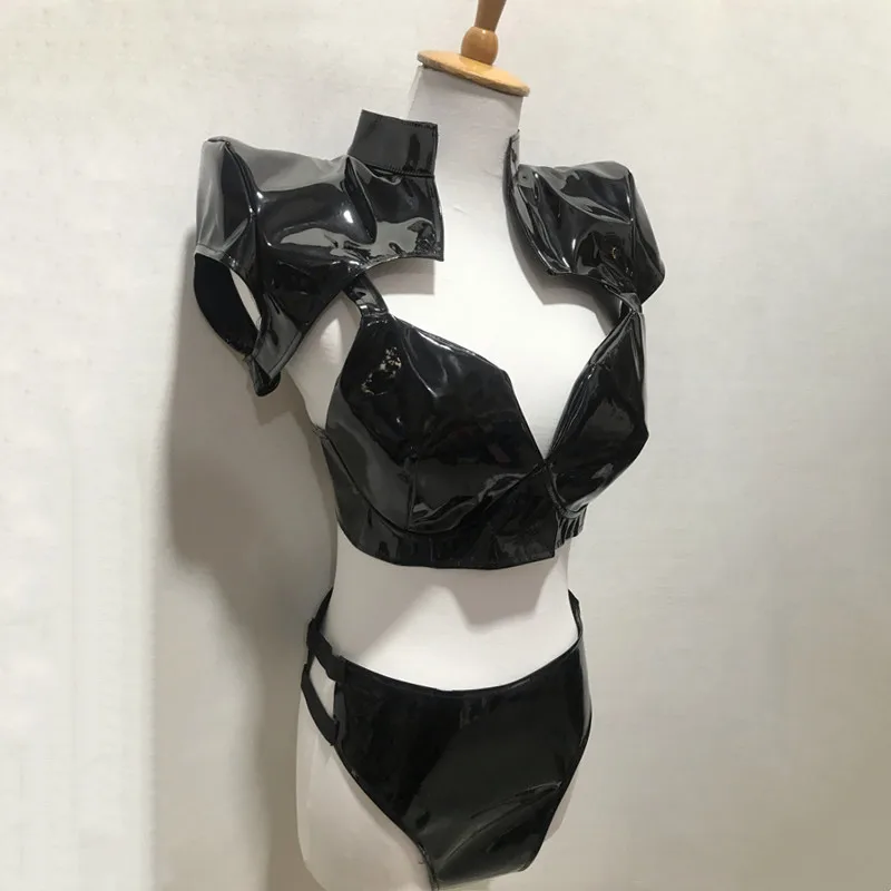 

Women Black Silver Laser Leather Armor Bikini 3 Pieces Set Jazz Dance Team Sexy Stage Wear Club Nightclub Party Dance Costume