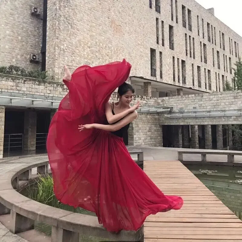 360 saia longa de dança feminina saia prática de dança longa grande balanço saia gradiente cor desempenho saia senhora saia barriga vestido