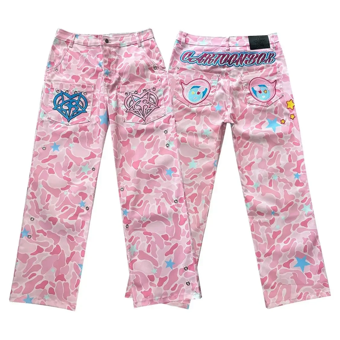 Jeans de perna larga reta unissex, calça de camuflagem feminina, jeans bordados rosa de rua, design pesado artesanal sentido, design hip hop