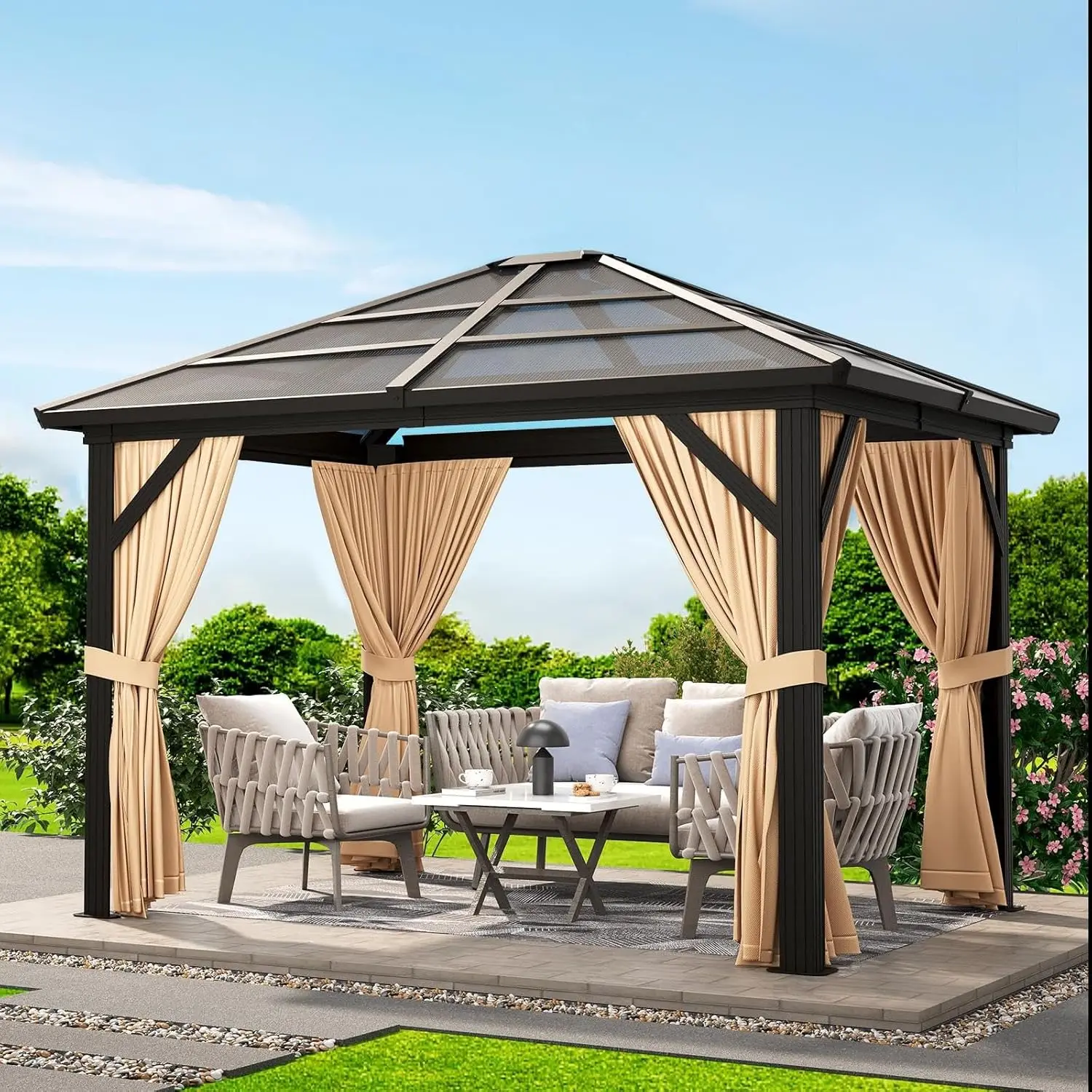 

10' x 12' Hardtop Gazebo,Outdoor Canopy with Aluminum Frame,Polycarbonate Garden Tent with Mosquito Netting, Customized