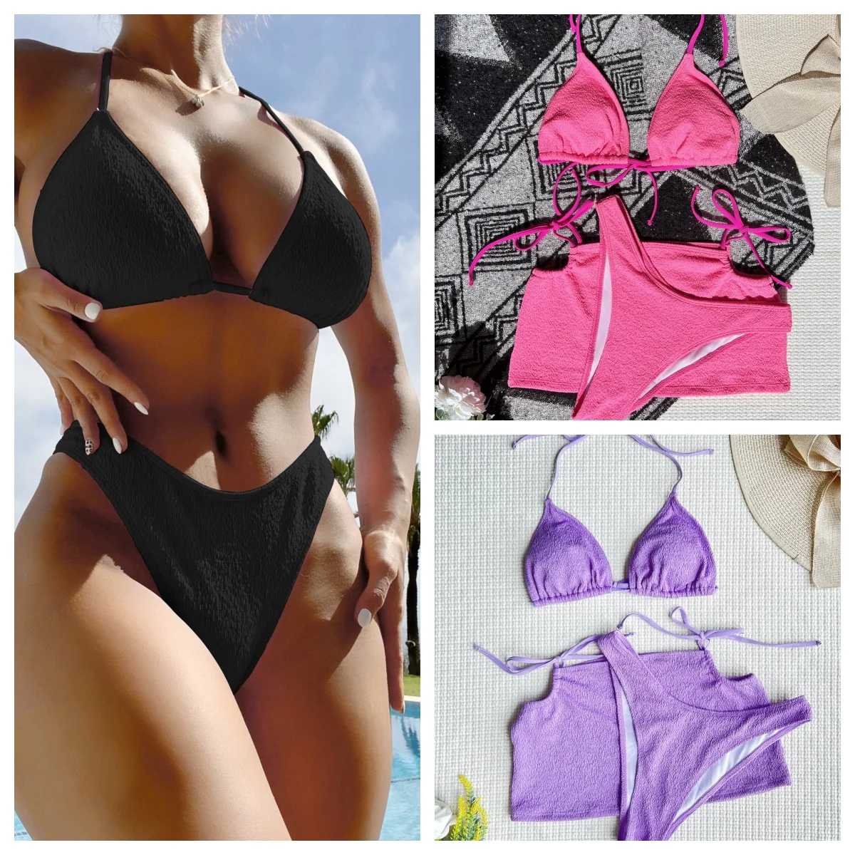 3PCS Women'S Swimsuit Sexy Bikini Solid Beachwear Summer Bathing Suit Push Up Swimwear High Cut Thong Bikinis Sets