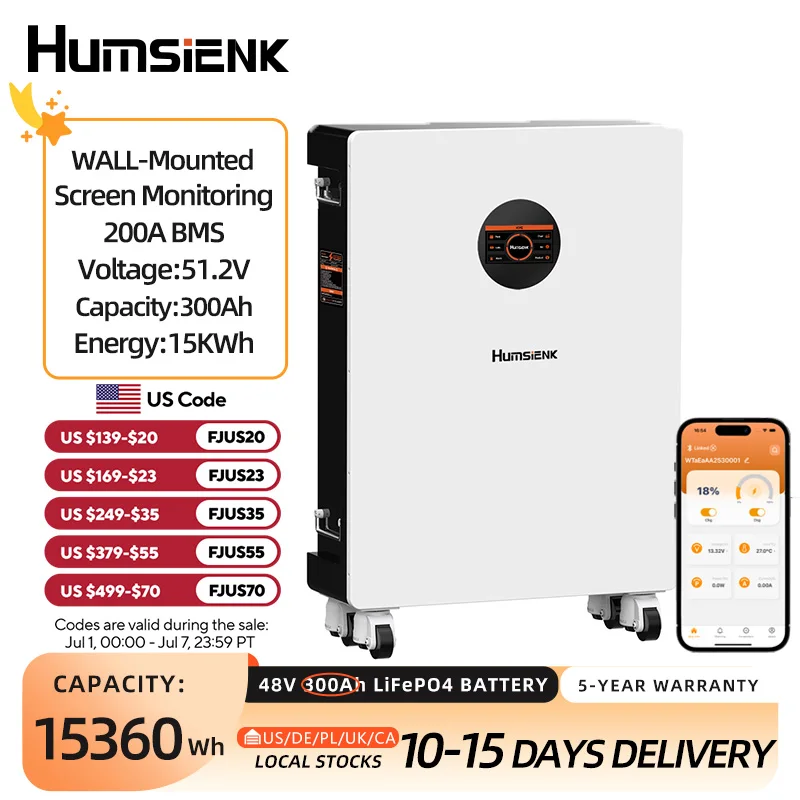 Humsienk 48V 300Ah LiFePO4 Battery, Bluetooth Real-Time Monitoring & LCD Display, 200A BMS, MAX.20480Wh, Low-Temp Protection, Rechargeable Lithium Battery for Vans, Golf Cart, Boat, RV, Camp, Solar Energy Storage, 5-Year Warranty