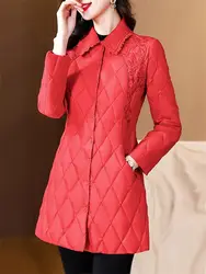 Chinese Embroidery Down Jacket For Women In Winter 2024 Fashionable Slim Fit Warm Mid Length Cotton Coat Elegant Outerwear A640