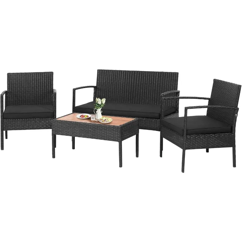 

4 Piece Patio Rattan Conversation Set, Outdoor Wicker Sofa Furniture Set W/Loveseat & 2 Single Chairs, Acacia Wood Tabletop