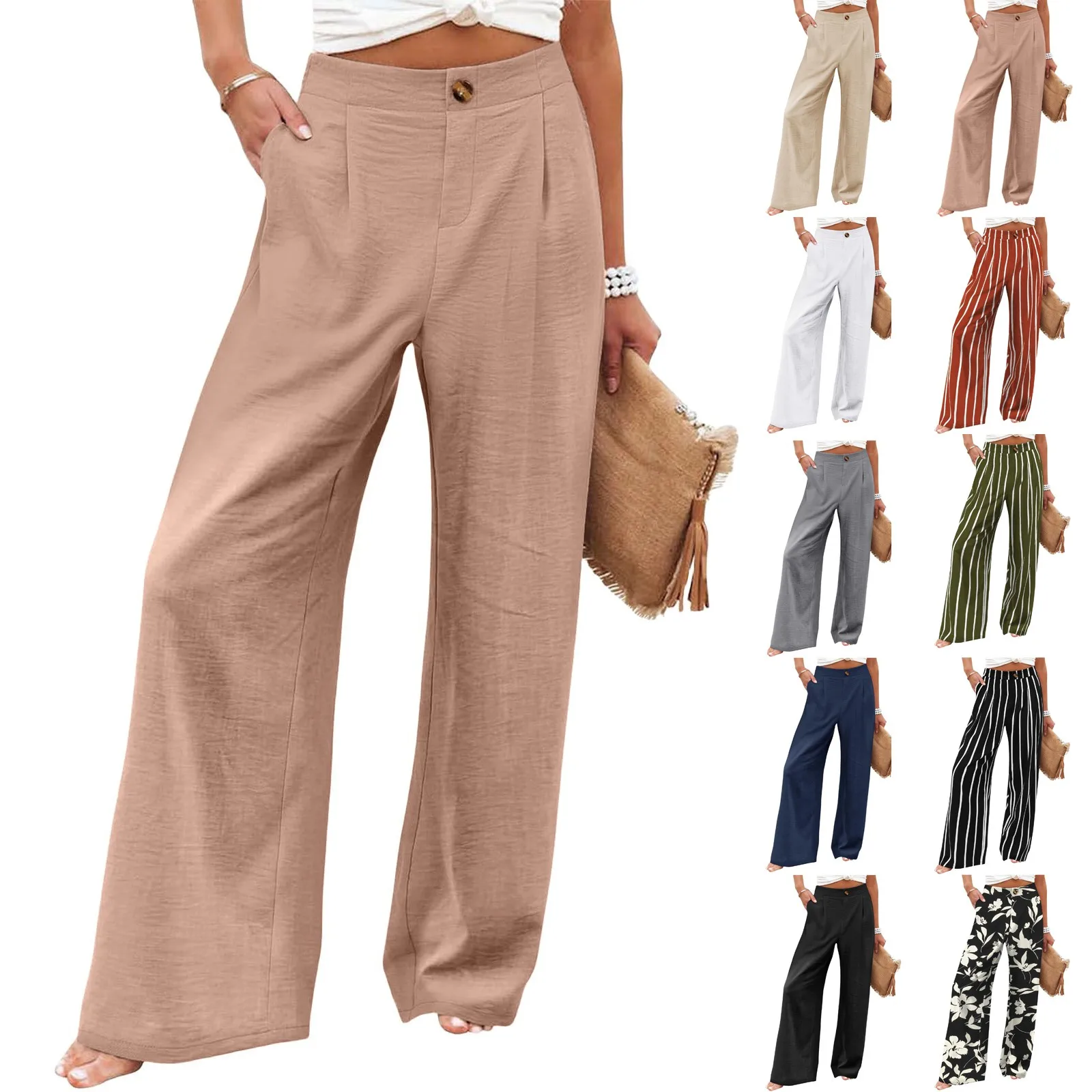 Calça de perna larga feminina com bolsos, moda casual, deslocamento, cintura média, calça monocromática, treino, botão fino, fino