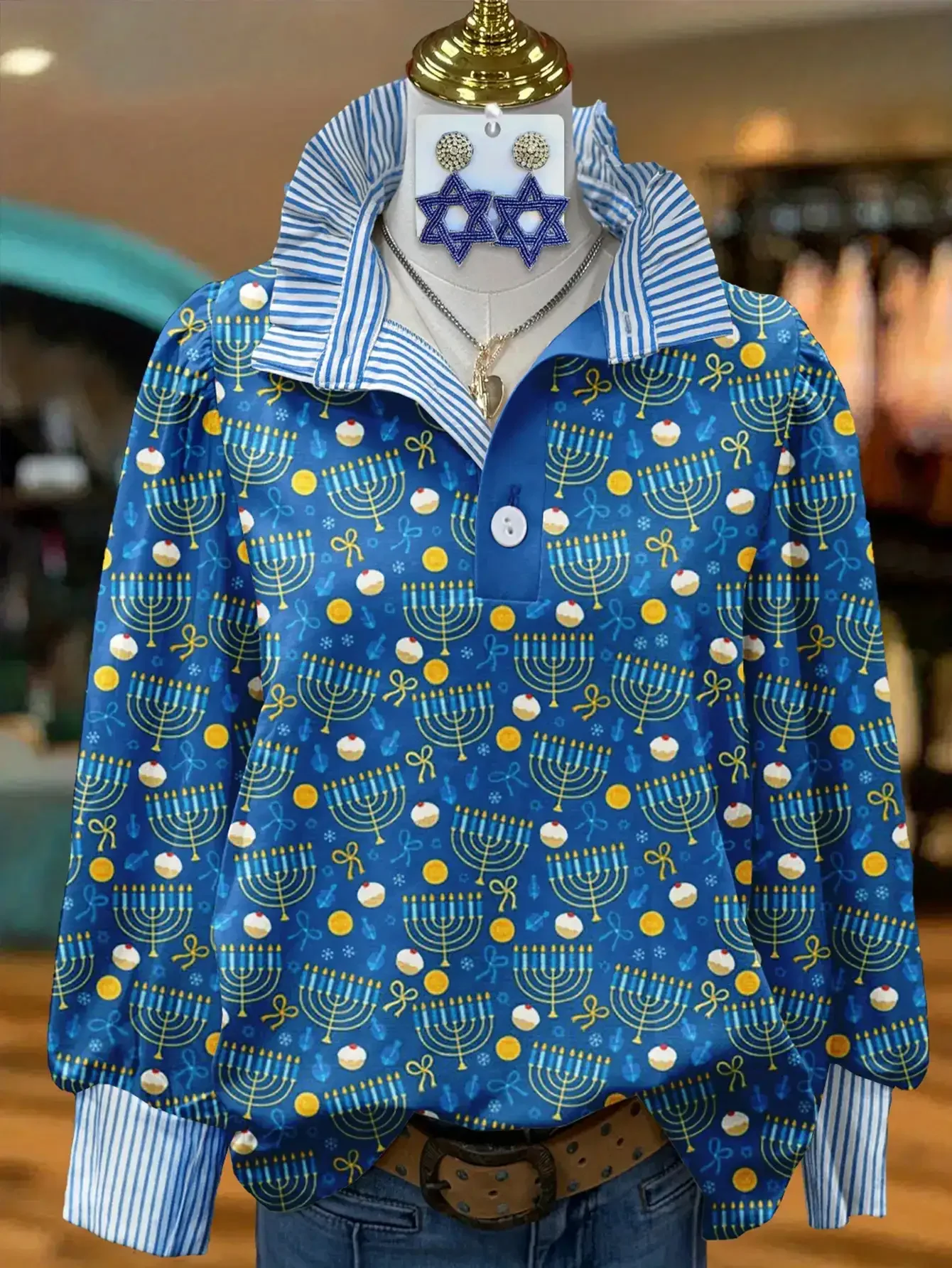 2026 Christmas women's striped shirt with multi-color striped collar and Various eye-catching bow designs