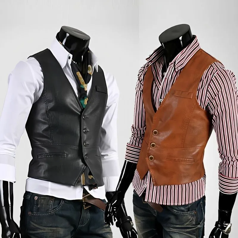 

Slim Fit Men's Biker Jaet Svel Vest Casual PU Leather Spring Autumn Faionable Leisure Sle Button Decor V-Ne Cotton