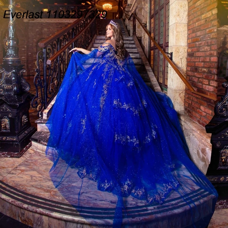 EVLAST Customized Royal Blue Quinceanera Dress Ball Gown Gold Lace Applique Beaded With Cape Sweet 16 Vestidos De 15 Años TQD883