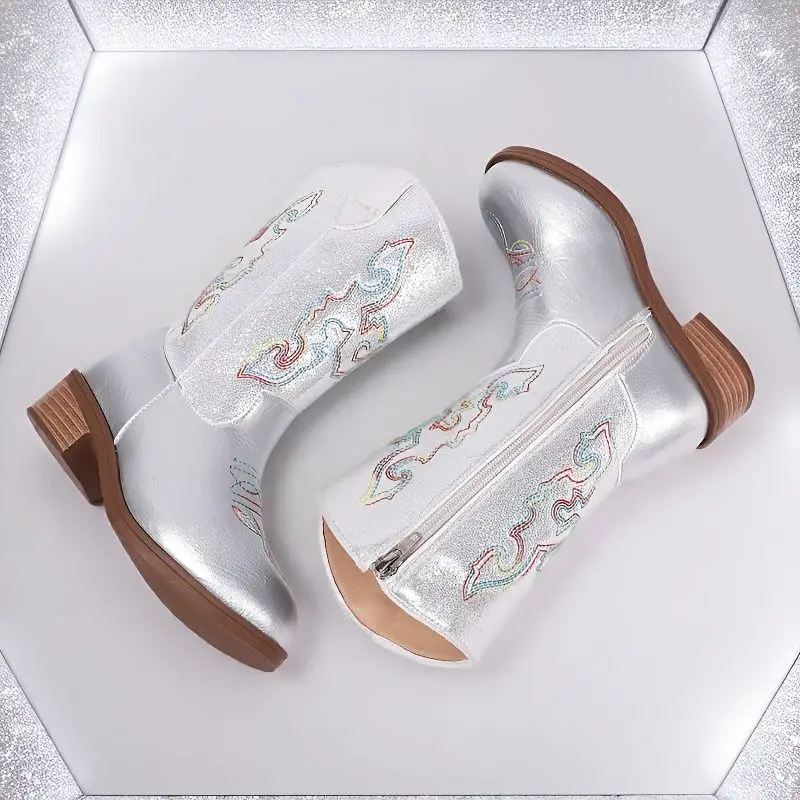 

Kids Girls Fashion Metallic Cowboy Boots Mid-Calf Colorful Embroidery Side Zipper Low Heel Party Daily Footwear Multiple Colors