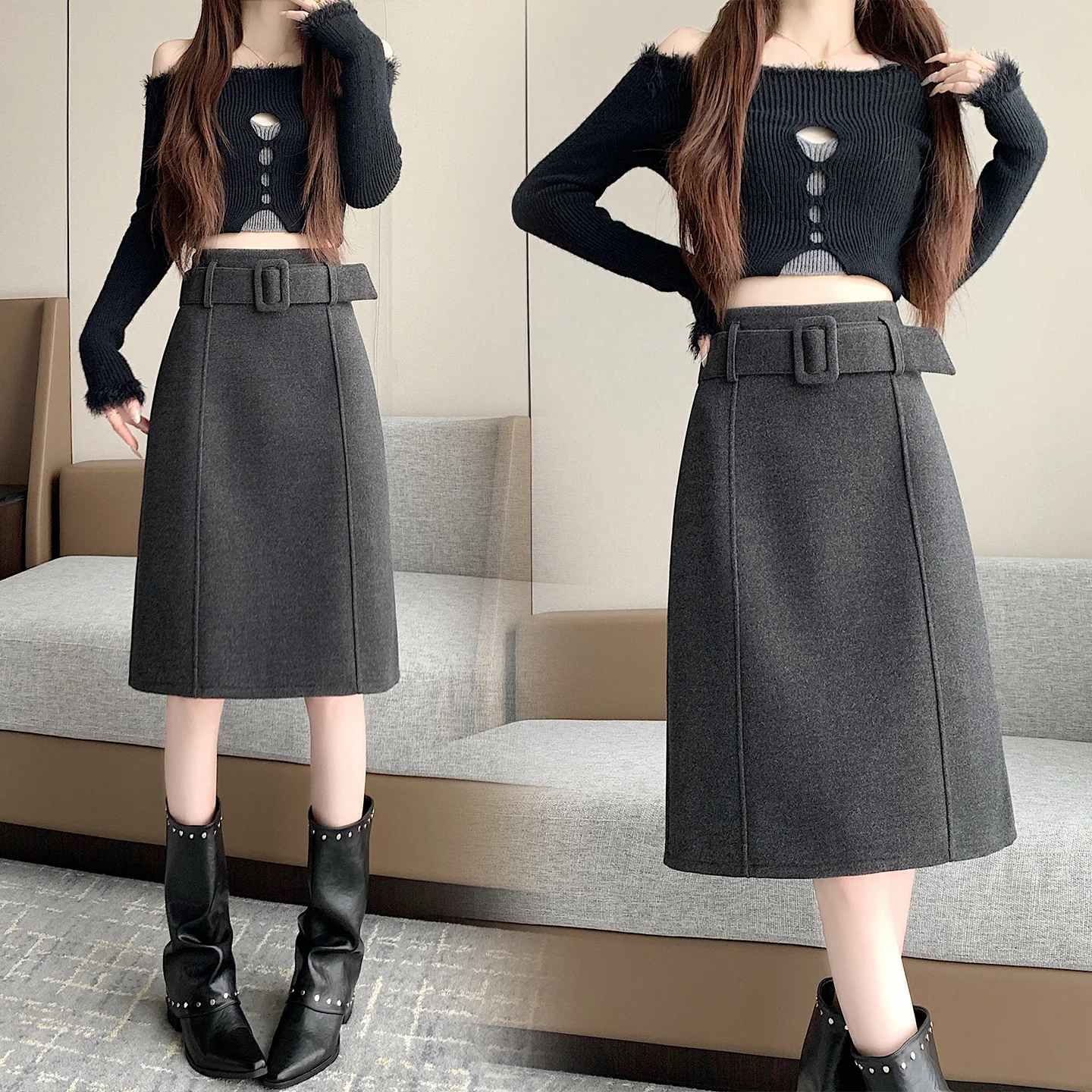 2026 New Version Slim-fitting High-waisted Cashmere Woolen Medium-length A-shaped Skirt Women