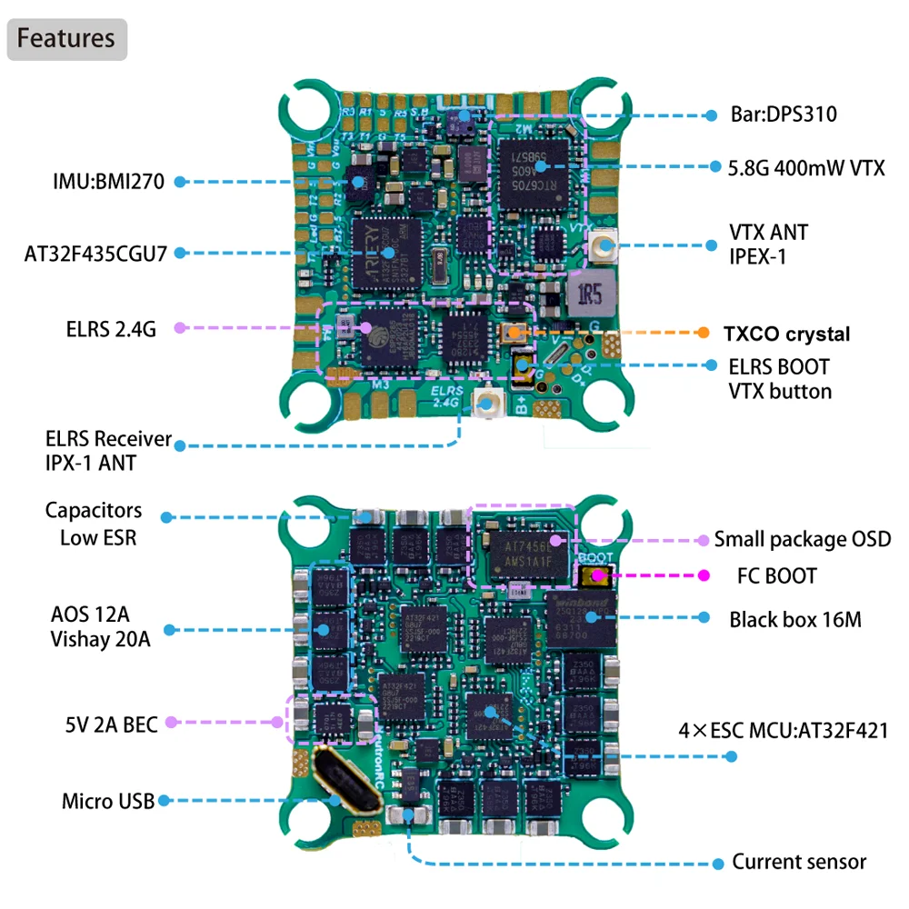 YSIDO AT32F435 mini 5in1 AIO 32Bit ESC ExpressLRS ELRS 2.4G&5.8G 400mW VTX 25.5*25.5 for FPV Tinywhoop Toothpick Drones