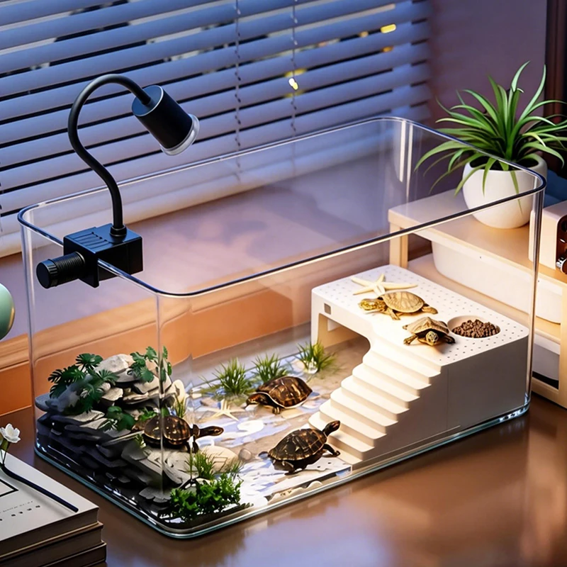 Transparent Reptile Terrarium Tank with Basking Area for Pet Turtles Hermit Crabs Tortoises - Turtle Adoption Habitat view 3