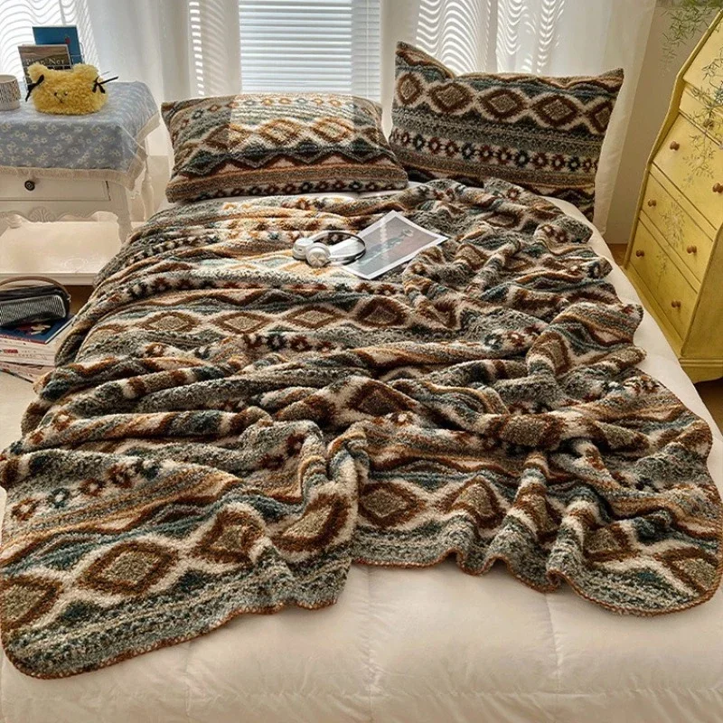Retro Print Plush Blanket Bohemian Soft Warm Anti-static Bed Sheet Sofa Casual Reading Multifunctional Blankets Office Nap Shawl