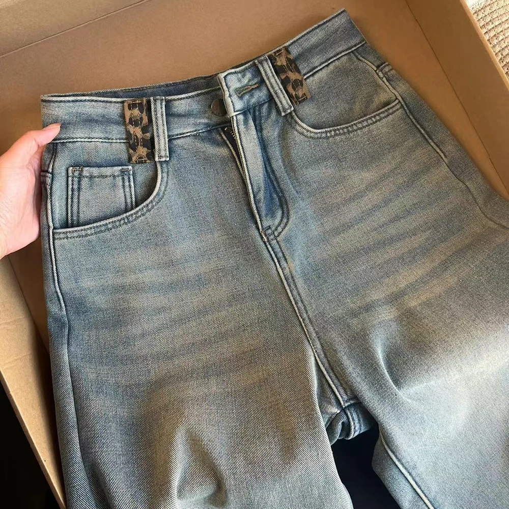 المرأة ليوبارد طباعة التصحيح جيب الجينز الشتاء سميكة الدافئة المخملية أفخم الدنيم السراويل موضة عالية الخصر مستقيم فضفاض بنطلون