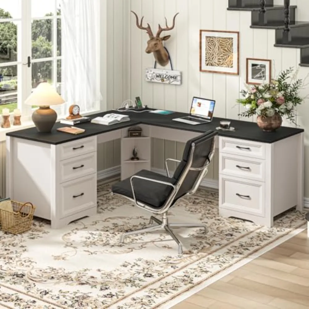 Wood L Shaped Executive Desk with 6 Drawers, Farmhouse Home Office Desk with Power Outlets and Triangle Under-Desk