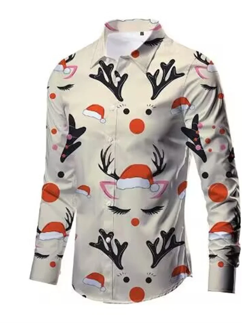 Chemise hawaïenne à manches longues pour hommes, haut décontracté à la mode, motif de Noël populaire, nouvel an, éléments d'automne, imprimé en 3D