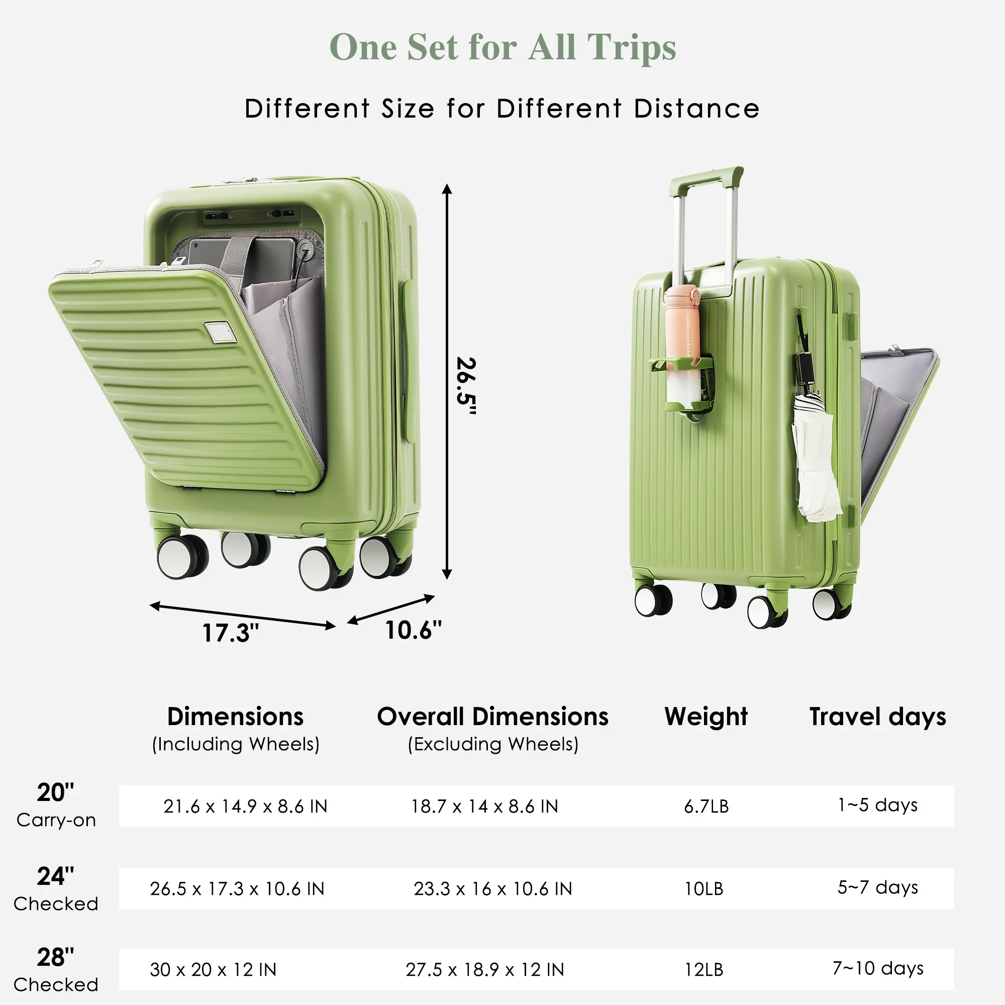 ZHUISHU-Ensemble de bagages avec port USB, conception d'ouverture avant, bagages à main ignorés de la compagnie aérienne, 3, 20, 24, 28 pouces