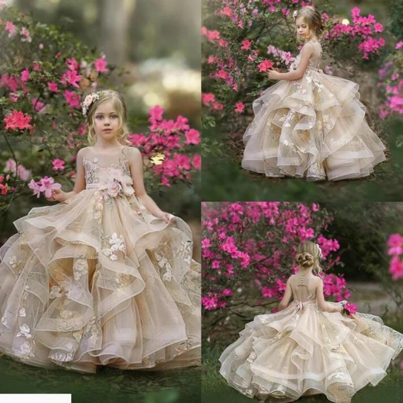 Champagne Flower Girl Vestidos com Sash Lace Appliques Custom Made Ball Gown Primeira Comunhão Vestidos para Meninas Elegante Hot Sale