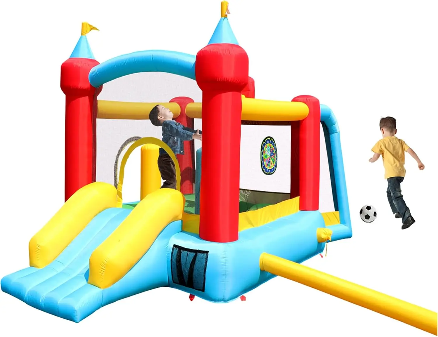 Inflatable Bounce House With Slide, Jumping Castle With Blower And Wave Pool, Basketball Rim, Football Goal