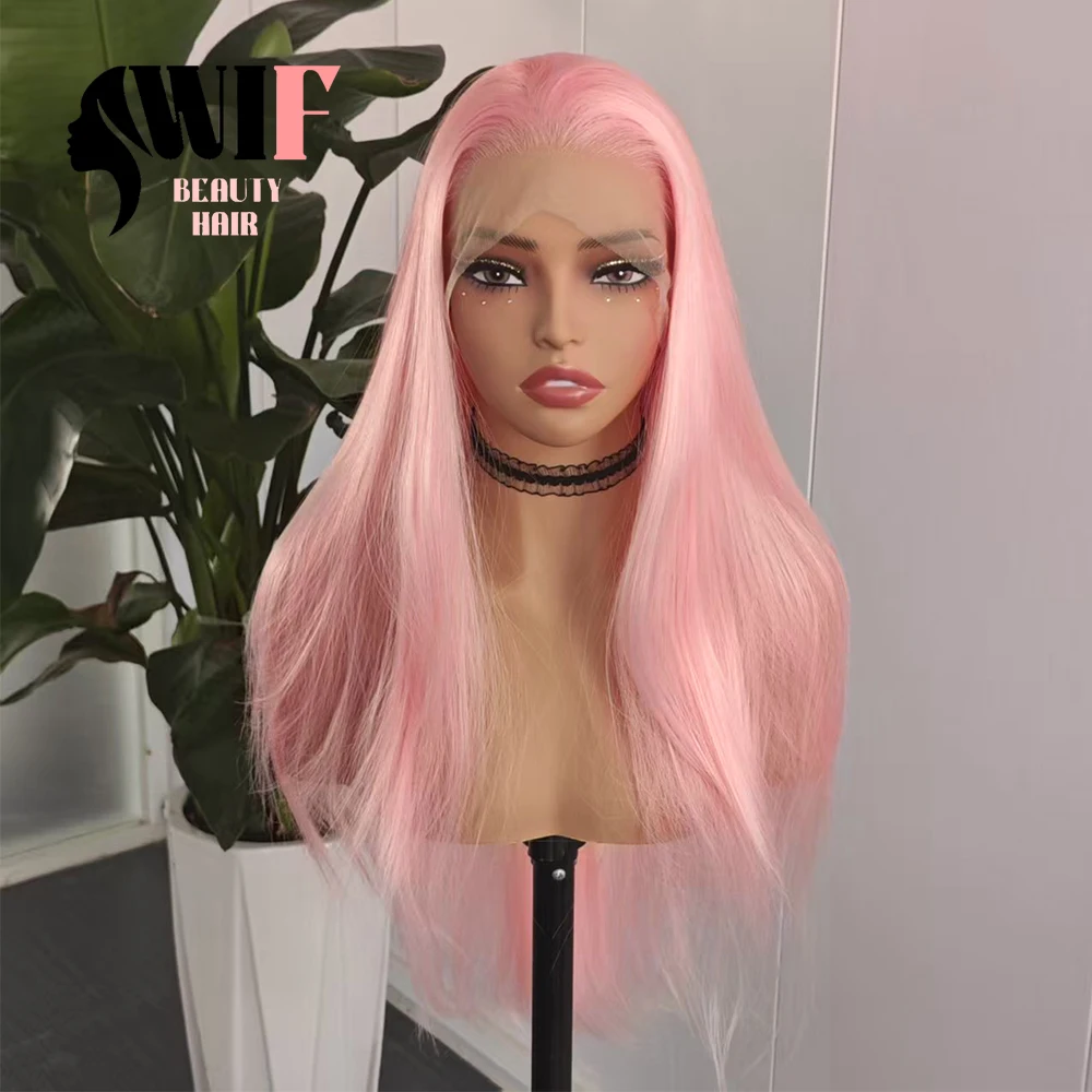 WIF Light Pink Synthetic Wig Long Silk Straight Lace Wigs for Women Makeup Use Cosplay Pink Hair Heat Fiber Lace Front Wig