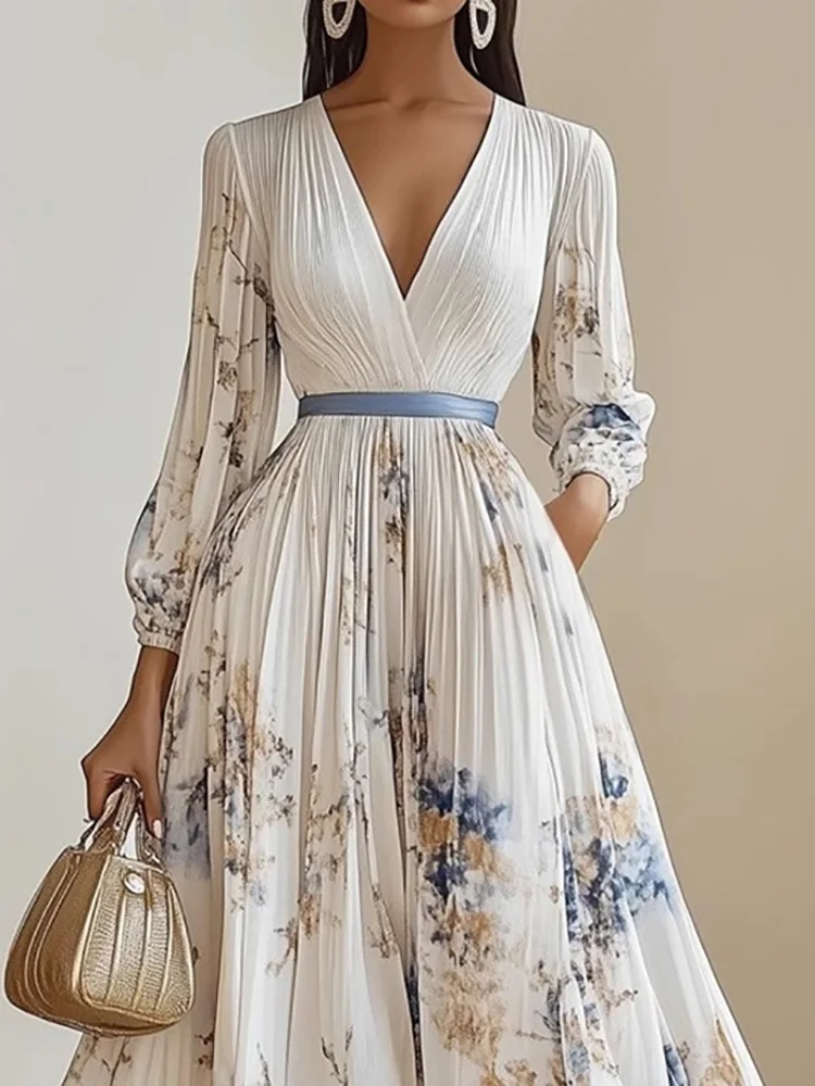

New Spring Summer Long Sleeve Simple Party Dress, Women Deep V Neck Chic Printed Maxi Dress, 2025 Patchwork Fashion Ladies Dress