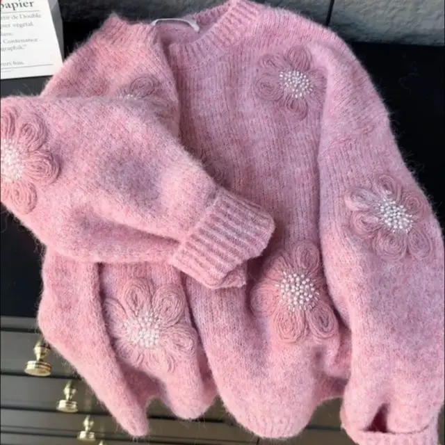 

Solid Loose Pullover Casual Heavy Jumper 3d Flower Beading Knit Spring Ropa Mujer O Neck French Style Exquisite Sweaters