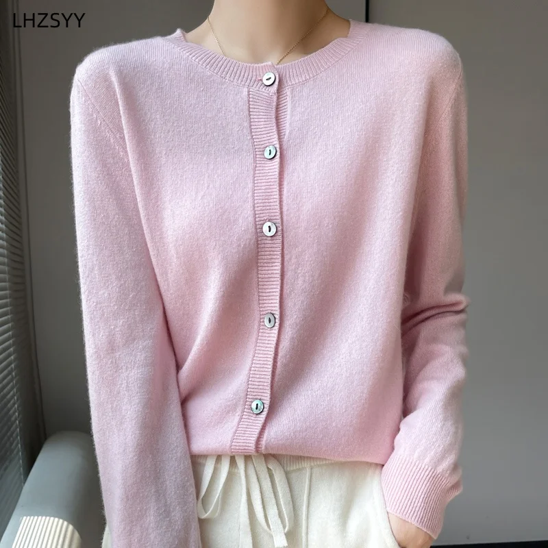 

LHZSYY Spring 100%Pure Cashmere Cardigan Ladies O-Neck Casual Jacket Sweater High-End Joker Knit Small Coat Classic Loose Blouse