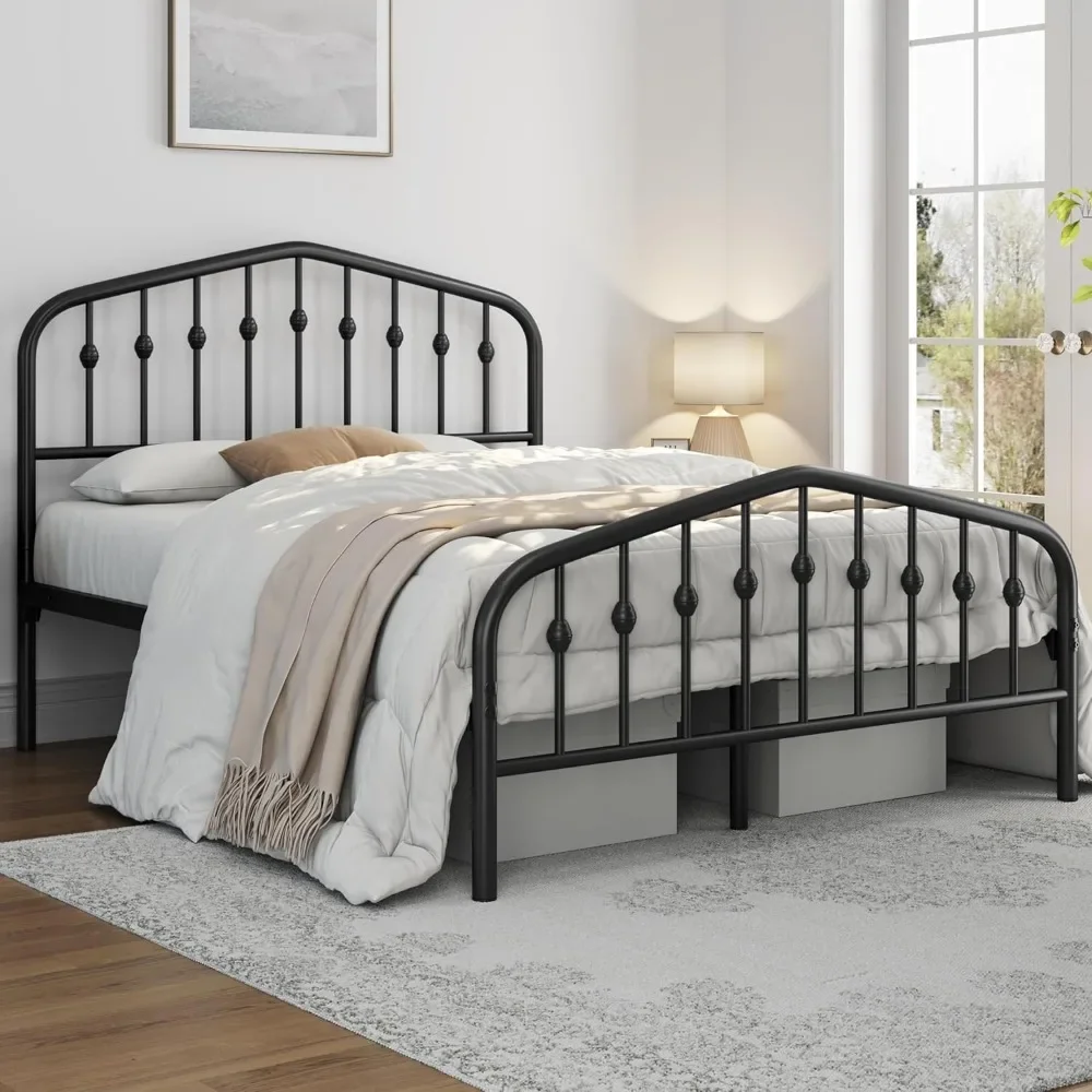 Full Bed Frames Metal Platform Bed with Victorian Style Wrought Iron Headboard and Footboard/Easy Assembly, Bed frame