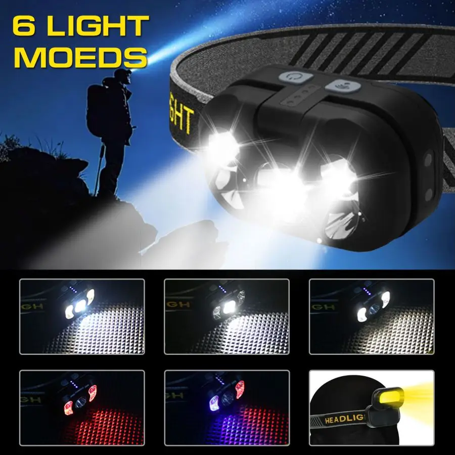 Multi-functional Intelligent Induction Headlamp Outdoor Waterproof Headlight Multiple Light Source USB Rechargeable Head Lamp