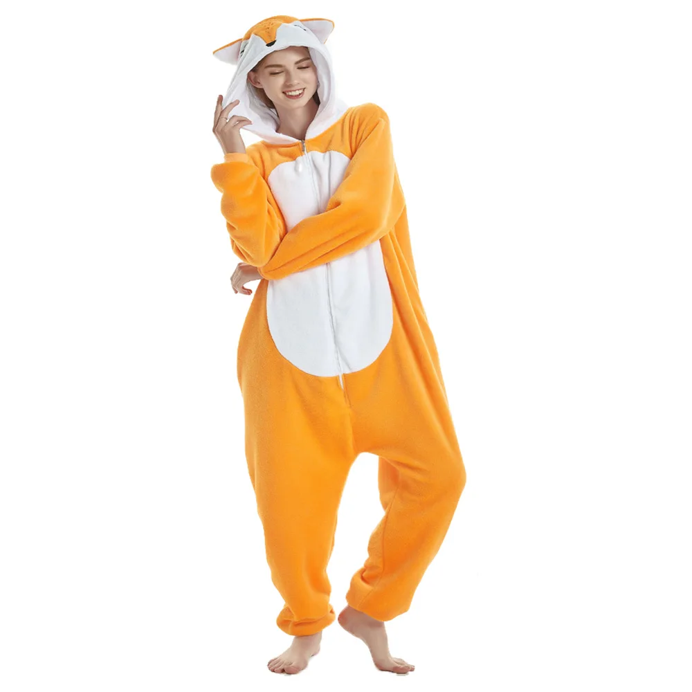 Kigurumi Fox Orange Sleep Onesie Adults 2024 Hooded Jumpsuit Lounge Wear Funny Women Pijama Yellow Home Clothing Halloween Pjs