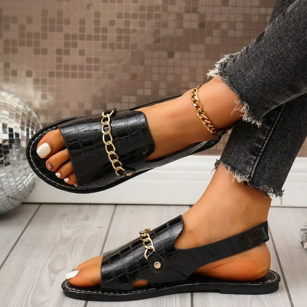 Women's Glitter Gold Slippers Summer Metallic Textured Sandals with Chain Decor Large Size Open-toed Flat Slides Women Slippers